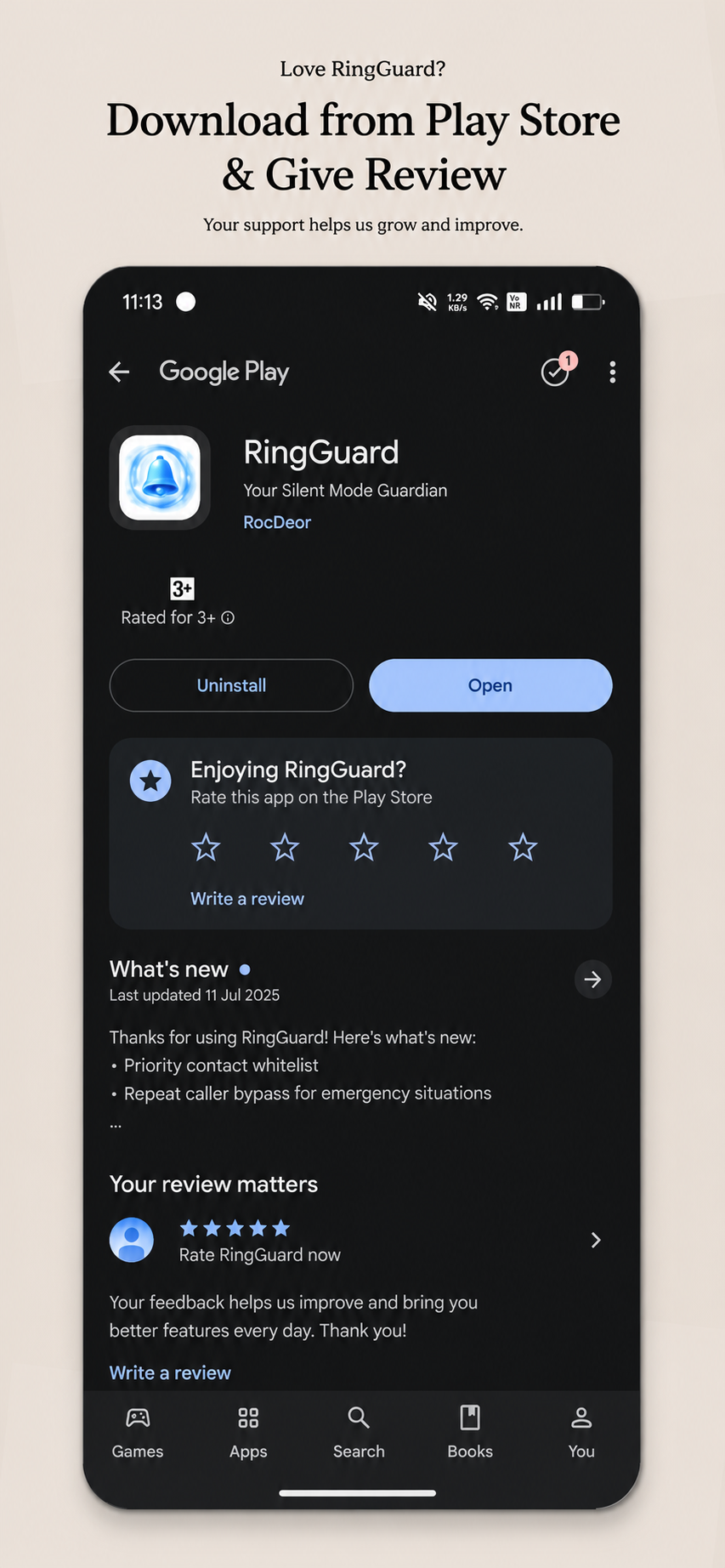 The Play Store listing for RingGuard with a prompt to leave a review.
