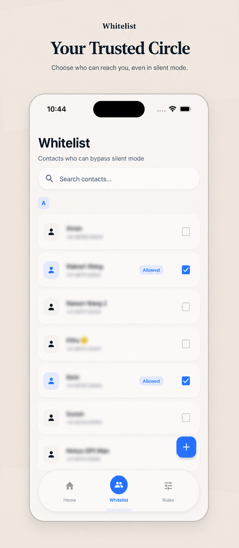 The RingGuard whitelist screen showing trusted contacts allowed to bypass silent mode.
